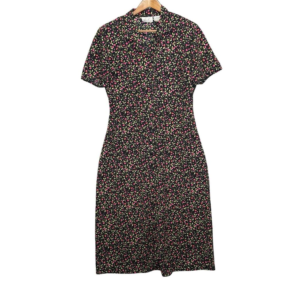 Vintage 90s Floral Collared Maxi Shirt Dress Button Front Tie Back 14 Black Pink